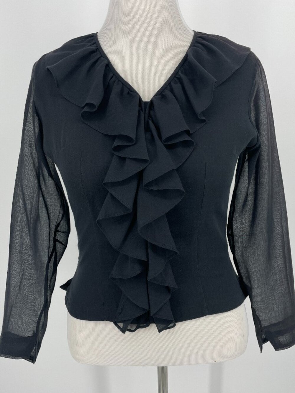 Vintage Rhoda Lee Designer Black Blouse Back Button Up Sheer Sleeve M